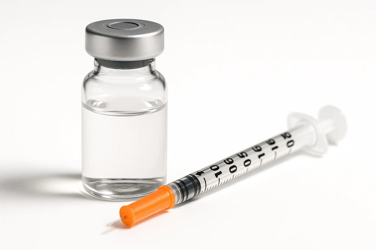 Compounded GLP-1 vial and syringe — editorial product photography